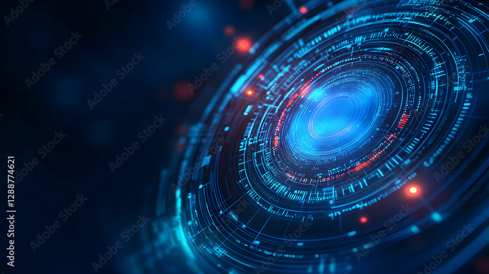 Obraz premium Stunning digital abstraction featuring luminous circular patterns and vibrant blue hues, representing advanced technology and innovation.