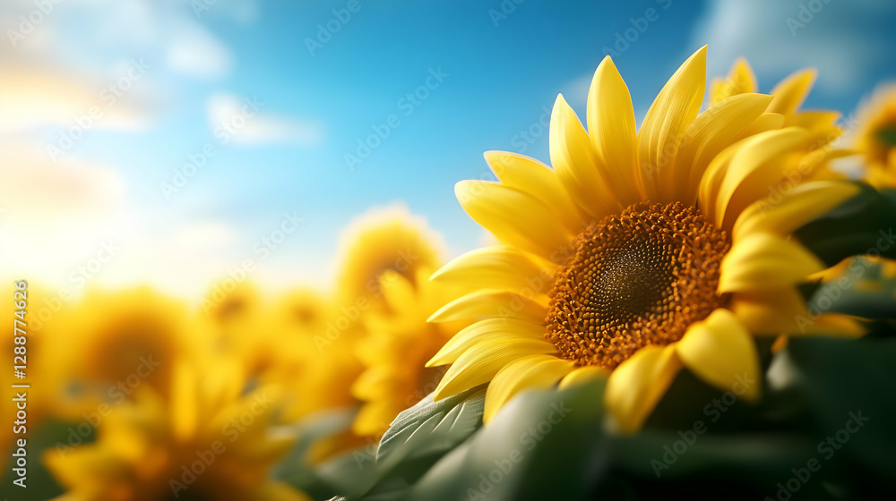Obraz premium Stunning close-up of a sunflower basking in the sunlight, showcasing vibrant yellow petals against a clear blue sky.