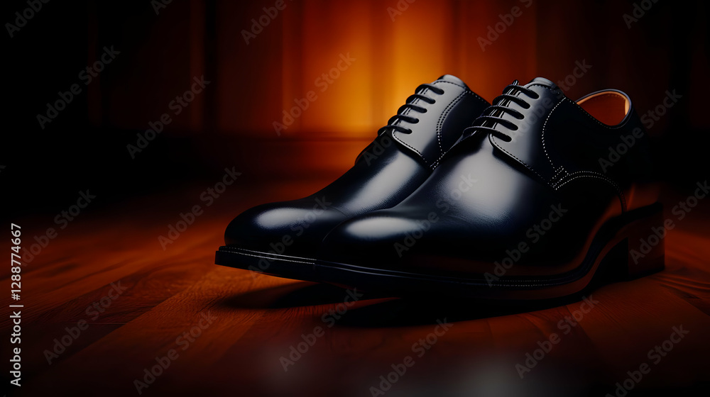 Stylish black leather shoes on a wooden floor, showcasing elegance and sophistication for professional attire.