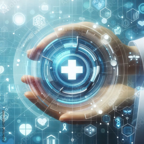 Hands cradle a glowing holographic symbol representing health, surrounded by innovative medical icons and data. This image captures the fusion of technology and healthcare in a futuristic setting photo