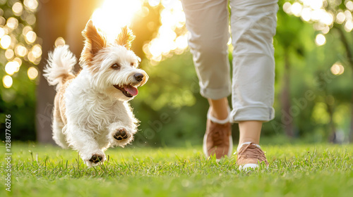 A joyful dog runs freely on grass alongside a person, basking in the warm sunlight of a picturesque park scene.