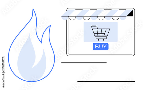 E-commerce storefront with shopping cart icon and buy button next to a blue flame. Ideal for online shopping trends, digital marketing, hot deals, promotions, consumer behavior, sales strategies, web