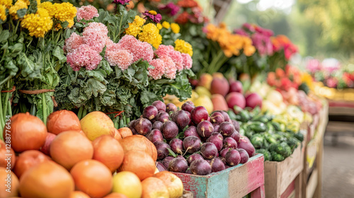Fototapeta Naklejka Na Ścianę i Meble -  Fresh fruits and vibrant flowers at lively market, showcasing nature bounty