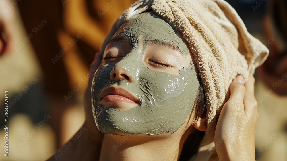 A photo of a foreign tourist receiving a relaxing mud massage at a spa booth, her face covered in a mineral-rich mud mask at Boryeong Mud Festival 2025 in the afternoon A photo of a foreign tourist receiving a relaxing mud massage at a spa booth, her face covered in a mineral-rich mud mask at Boryeong Mud Festival 2025 in the afternoon