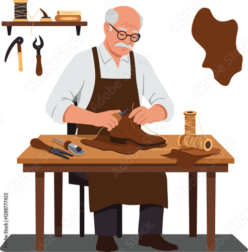 Skilled shoemaker crafting leather shoes in detailed flat vector art