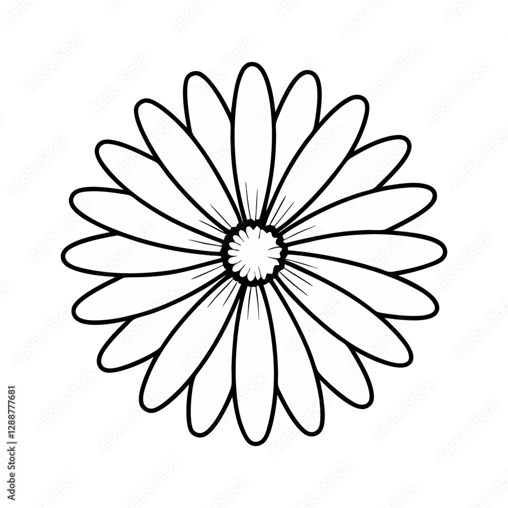 Fototapeta premium Vector illustration of a simple daisy flower in black and white, perfect for coloring pages, botanical designs, and floral artwork.