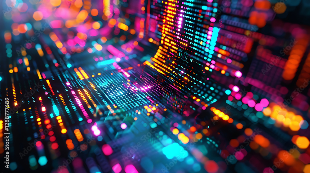 Obraz premium Glowing digital pixels forming a dynamic colorful mosaic