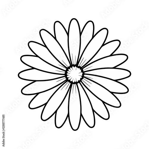 Vector illustration of a simple daisy flower in black and white, perfect for coloring pages, botanical designs, and floral artwork.