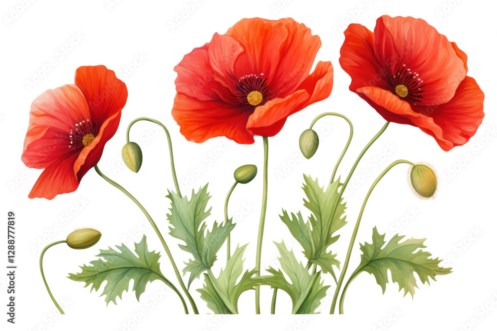 Naklejka premium Bright red poppies in full bloom with delicate petals and green stems isolated on white background