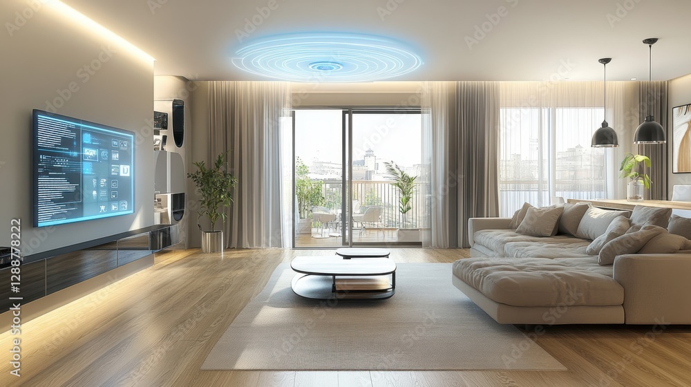 Fototapeta premium High-tech modern apartment featuring automated curtains, smart security, and a sleek contemporary design.