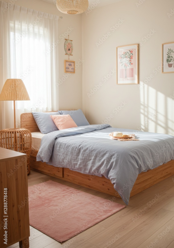 Fototapeta premium soft pastel Guest Room design Eclectic Japandi decor