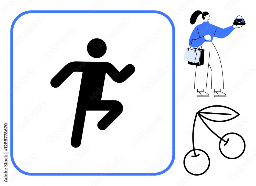 Person running icon within a square, woman holding a gift while carrying shopping bags, abstract cherries motif. Ideal for fitness, retail, health, lifestyle, minimalism, modern design abstract line Person running icon within a square, woman holding a gift while carrying shopping bags, abstract cherries motif. Ideal for fitness, retail, health, lifestyle, minimalism, modern design abstract line