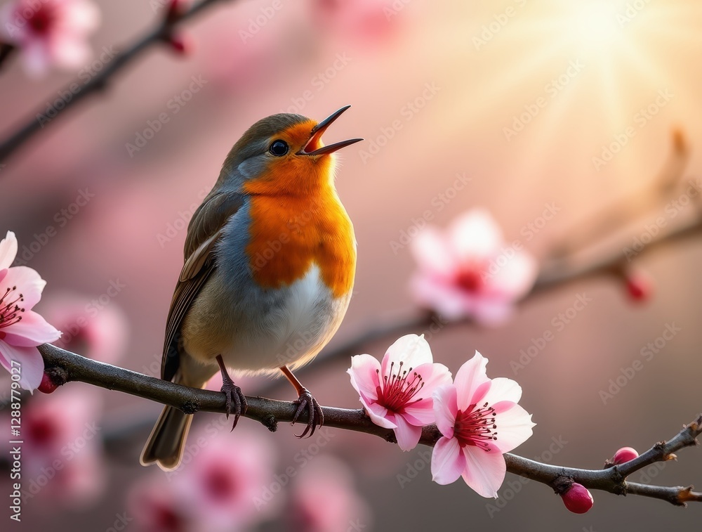 Obraz premium Robin singing on a blossoming cherry tree branch in spring