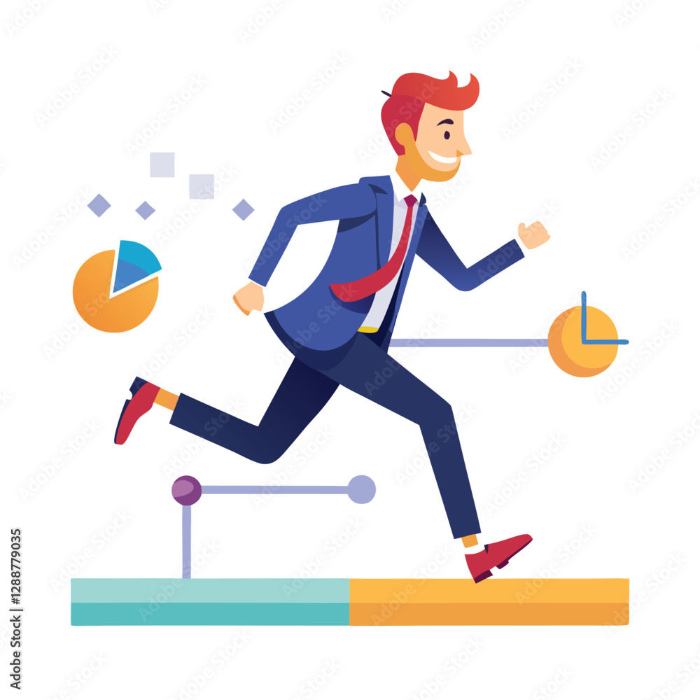 businessman running on project timeline project on white background 
