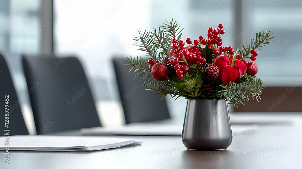 Red Berry and Evergreen Floral Arrangement in a Gray Vase on an Office Table Red Berry and Evergreen Floral Arrangement in a Gray Vase on an Office Table