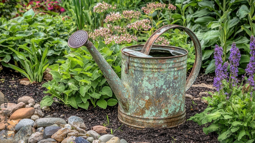 Rustic Antique Watering Can with Elegant Curves in Garden Setting Rustic Antique Watering Can with Elegant Curves in Garden Setting
