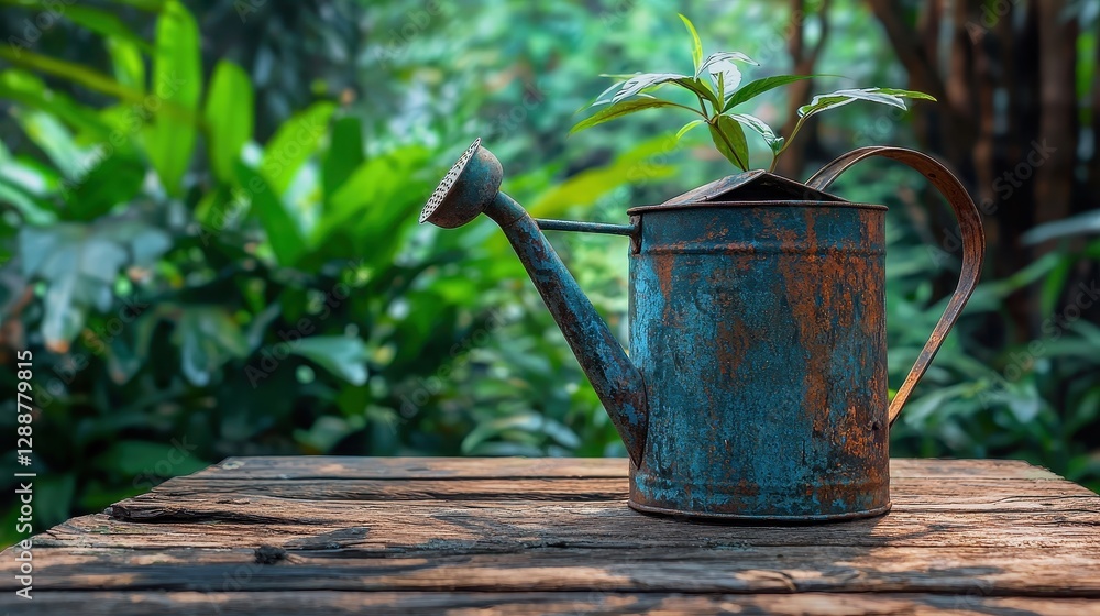 Fototapeta premium Rustic Metal Watering Can with Artistic Rust Patterns in Nature