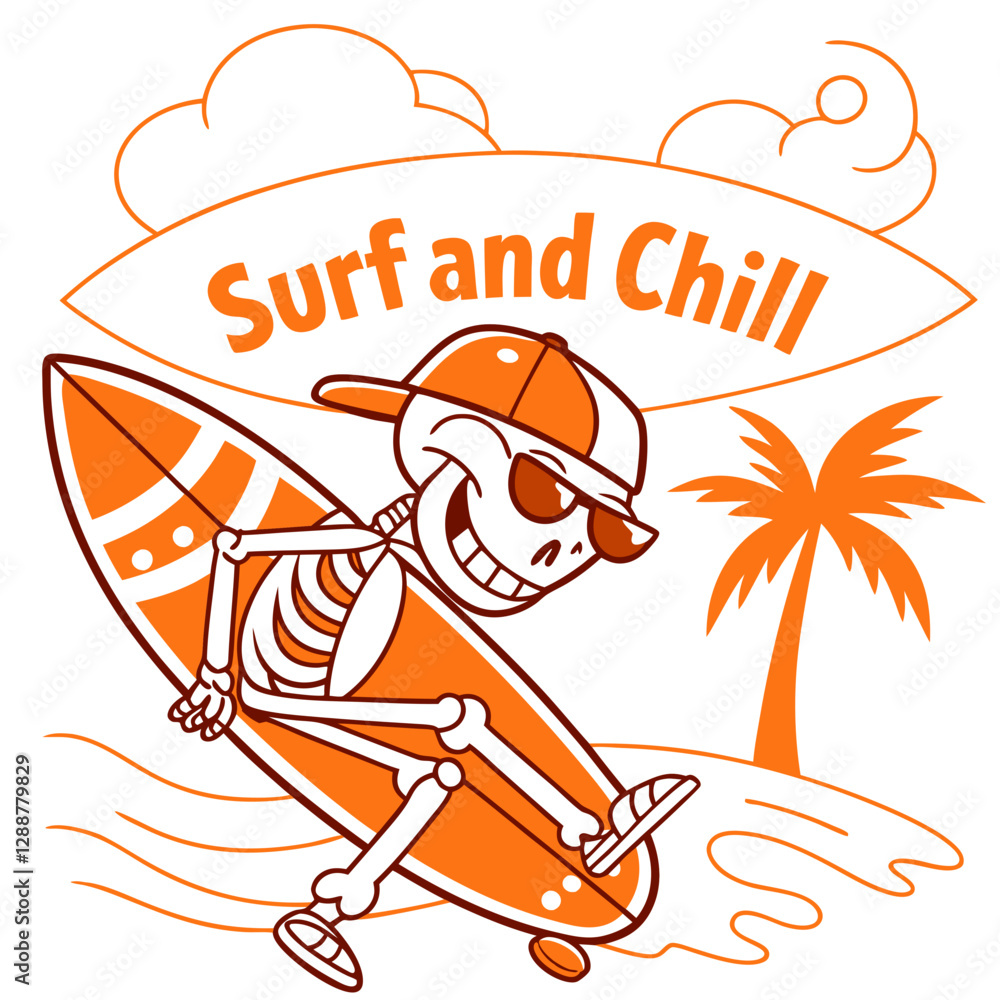 Obraz premium Surf and Chill Skeleton - Cool Retro Beach Vector Design