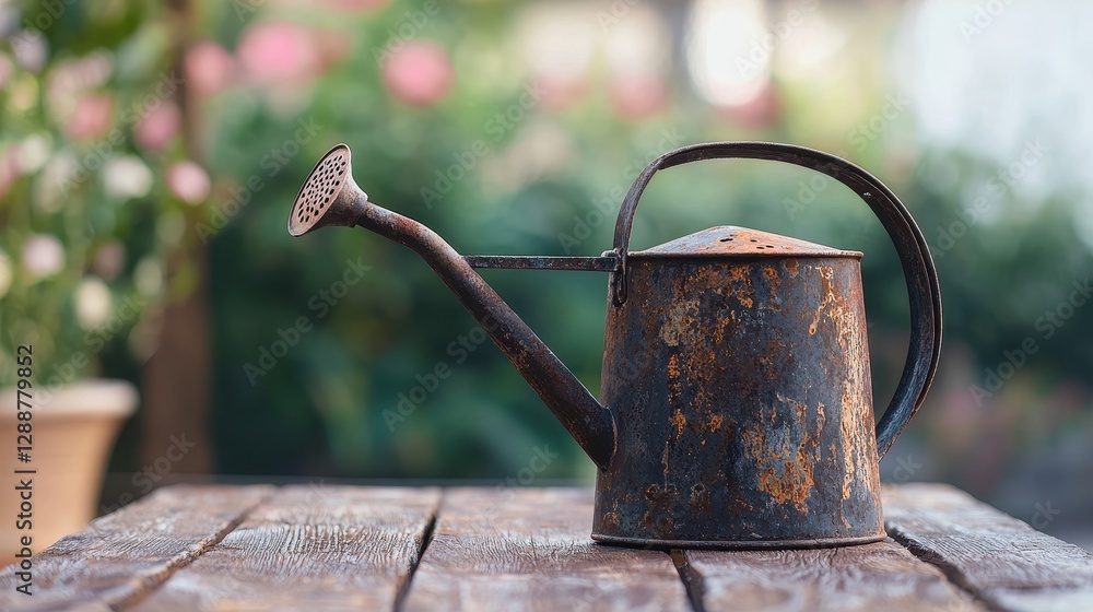 Rustic Metal Watering Can with Artistic Rust Patterns on Wood Table Rustic Metal Watering Can with Artistic Rust Patterns on Wood Table