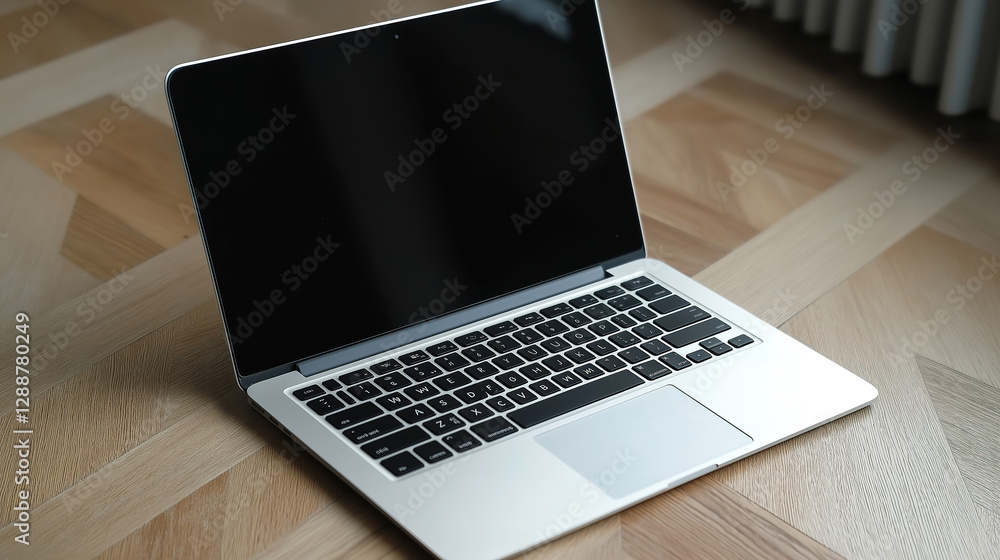 A sleek laptop with an empty screen resting on a wooden desk ready for work or creative projects