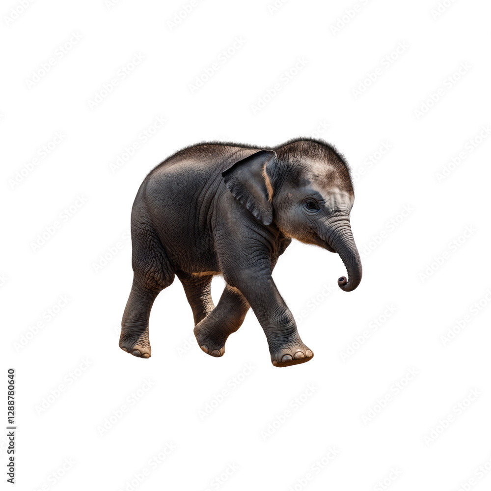Naklejka premium Adorable Baby Elephant Walking on a White Background