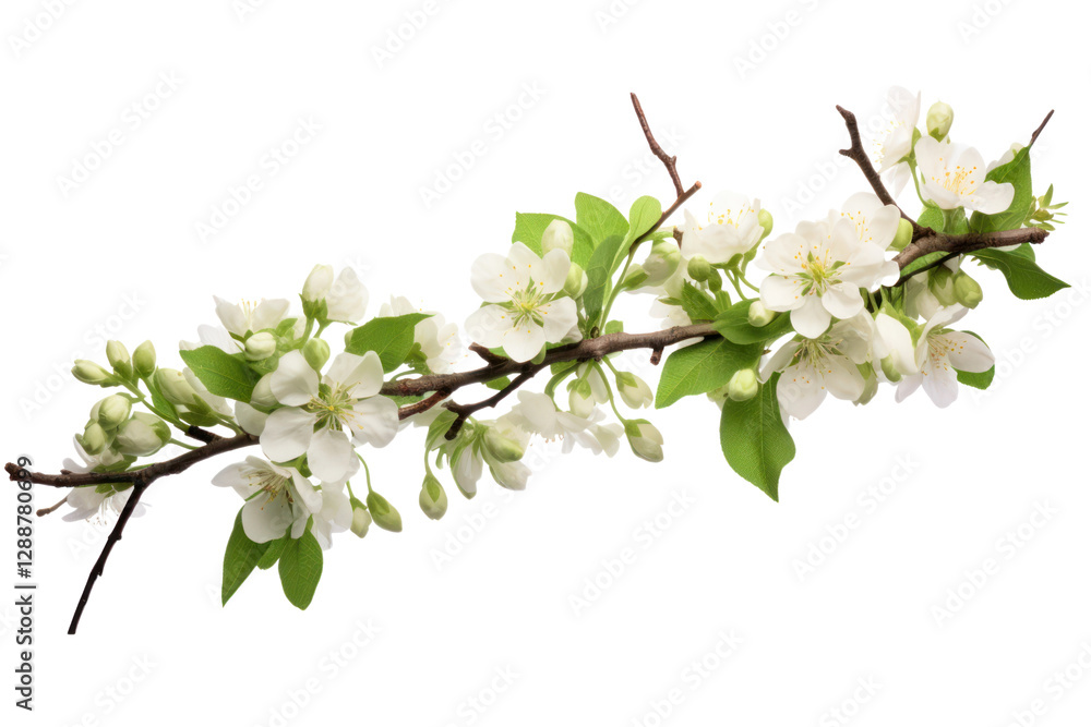 Branch of Vernicia fordii tree adorned with fresh blossoms and soft foliage isolated on white background Branch of Vernicia fordii tree adorned with fresh blossoms and soft foliage isolated on white background
