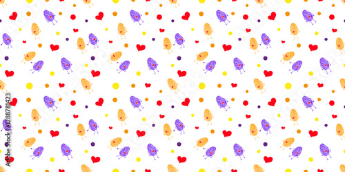 Seamless pattern with anthropomorphic fingerprints, hearts and circles is a fun and romantic background