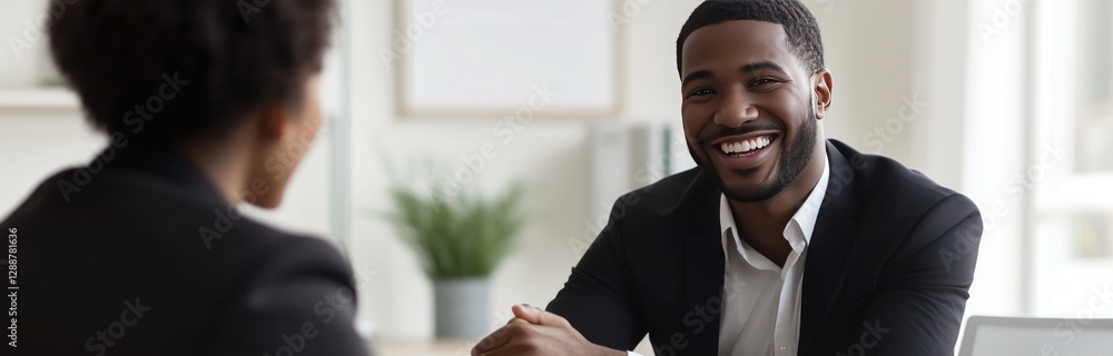 A smiling man in a black suit and white shirt is engaged in a conversation with another person in an office setting, with a potted plant in the background, creating a professional atmosphere. A smiling man in a black suit and white shirt is engaged in a conversation with another person in an office setting, with a potted plant in the background, creating a professional atmosphere.