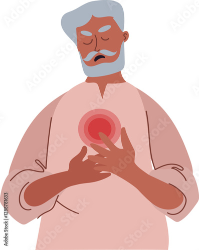 png indian man Heart Attack. Senior Woman with pain in chest. Sick person heart disease. artery blocked with high cholesterol level.Vector cartoon flat  Illustration isolated on transparent background