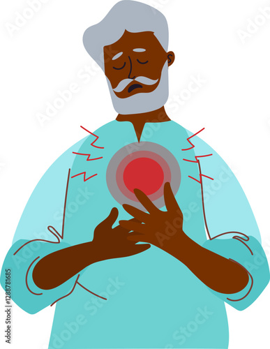 png indian man Heart Attack. Senior Woman with pain in chest. Sick person heart disease. artery blocked with high cholesterol level.Vector cartoon flat  Illustration isolated on transparent background
