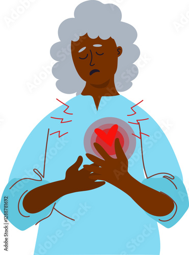 png woman Heart Attack. Senior Woman with pain in chest. Sick person heart disease. artery blocked with high cholesterol level. Vector cartoon flat  Illustration isolated on transparent background