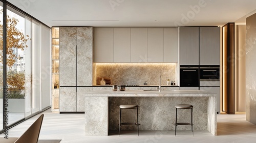 Open-plan modern apartment kitchen seamlessly connected to the living area, perfect for entertaining.