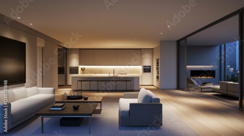 Open-plan modern apartment kitchen seamlessly connected to the living area, perfect for entertaining.