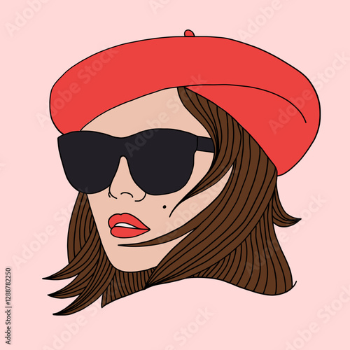 Street Fashion Portrait of Young Elegant Luxury Lady Wearing Black Sunglasses, Red Beret Hat. Vector Illustration of an Isolated Female Face with Short Brown Hair