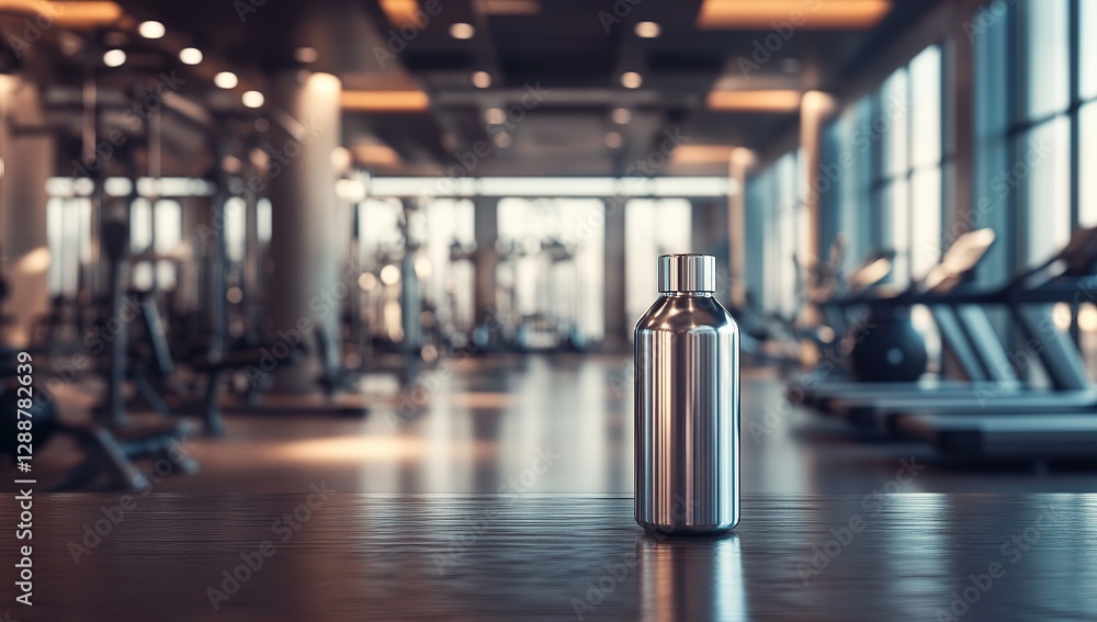 A sleek, silver bottle of metallic gym oil is placed on the table in front of you inside an empty modern gym A sleek, silver bottle of metallic gym oil is placed on the table in front of you inside an empty modern gym