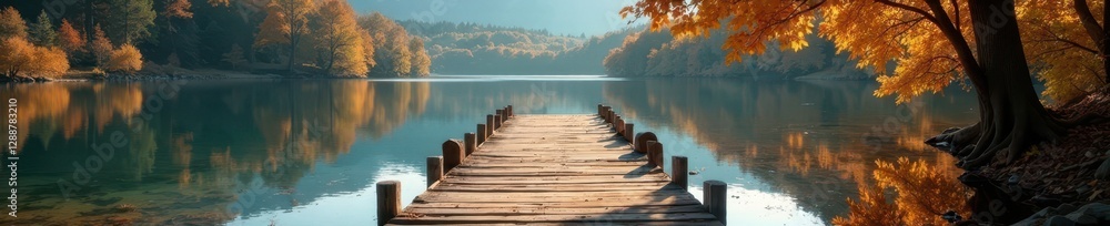 Obraz premium Rustic wooden pier extends over tranquil autumn lake , horizon, sky