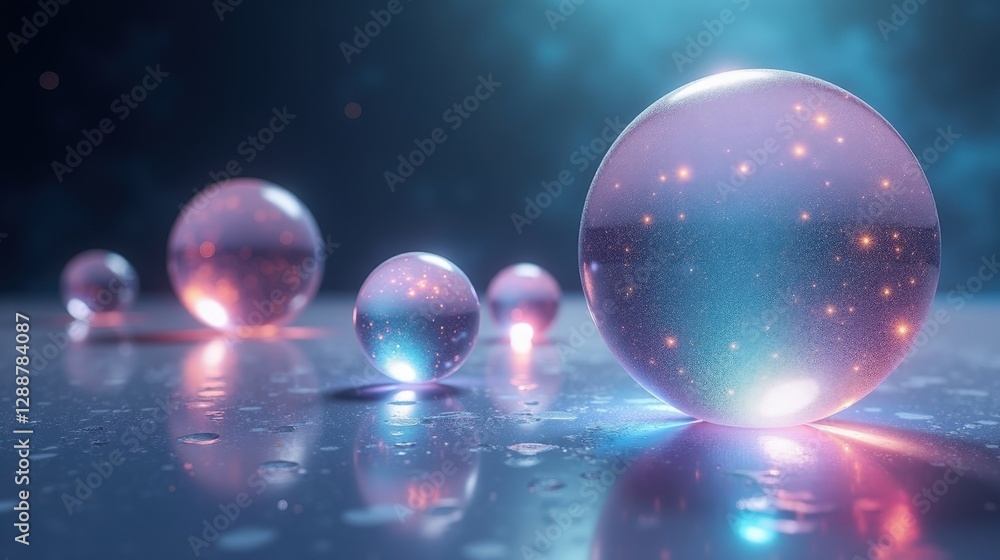 Translucent spheres filled with shimmering liquid levitate in a vast void, reflecting soft pulses of multicolored light, suspended in timeless weightlessness. Translucent spheres filled with shimmering liquid levitate in a vast void, reflecting soft pulses of multicolored light, suspended in timeless weightlessness.