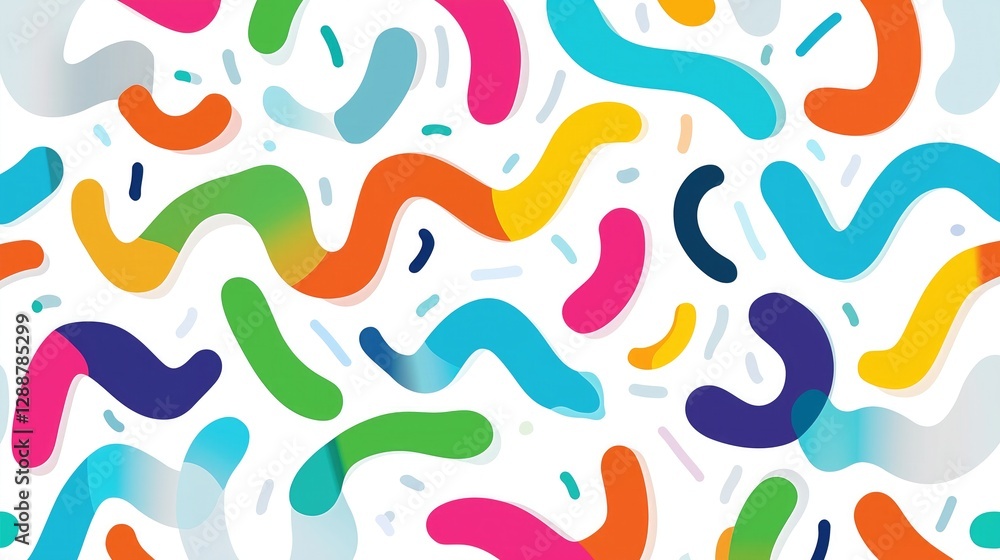 A lively and colorful pattern made up of assorted wavy and curved shapes in bright hues like pink, orange, blue, and green, along with small dotted elements. A lively and colorful pattern made up of assorted wavy and curved shapes in bright hues like pink, orange, blue, and green, along with small dotted elements.