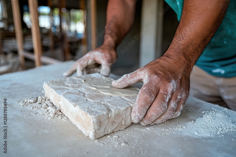 A skilled craftsman meticulously applying adhesive onto a block, showcasing the intricate work involved in stone masonry and the dedication to quality in construction. A skilled craftsman meticulously applying adhesive onto a block, showcasing the intricate work involved in stone masonry and the dedication to quality in construction.