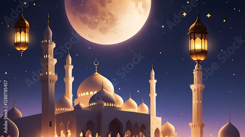 Arabian city Eid Mubarak nights inspired illustration with  stars and beautiful mosque domes in the distance.