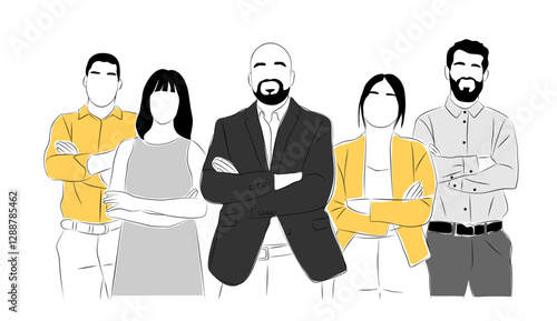 Business team members standing together. Business men, women in formal outfits taking part in business activities. Vector colored line art illustration isolated