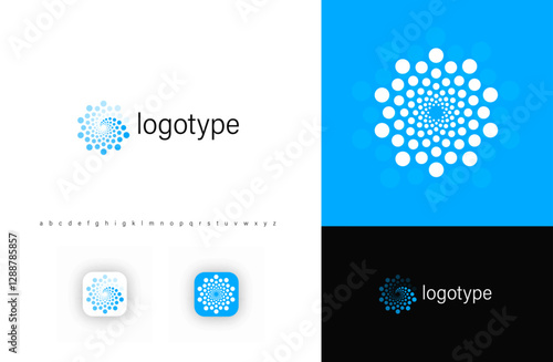 Abstract spiral dot logo symbolizing technology, data flow, digital innovation and water wave. Perfect for AI, biotech, networking, analytics, futuristic businesses. Vector round logo