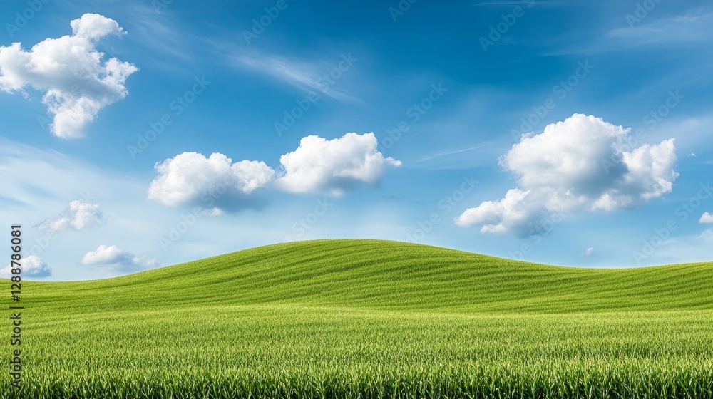 Green Field and Blue Sky Rolling Hills Landscape with Clouds, nature , summer Green Field and Blue Sky Rolling Hills Landscape with Clouds, nature , summer