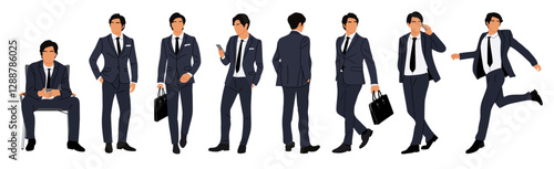 Set of Businessman character in different poses. Handsome young man wearing formal suit standing, walking, sitting, running, with phone, briefcase. Vector realistic illustration isolated
