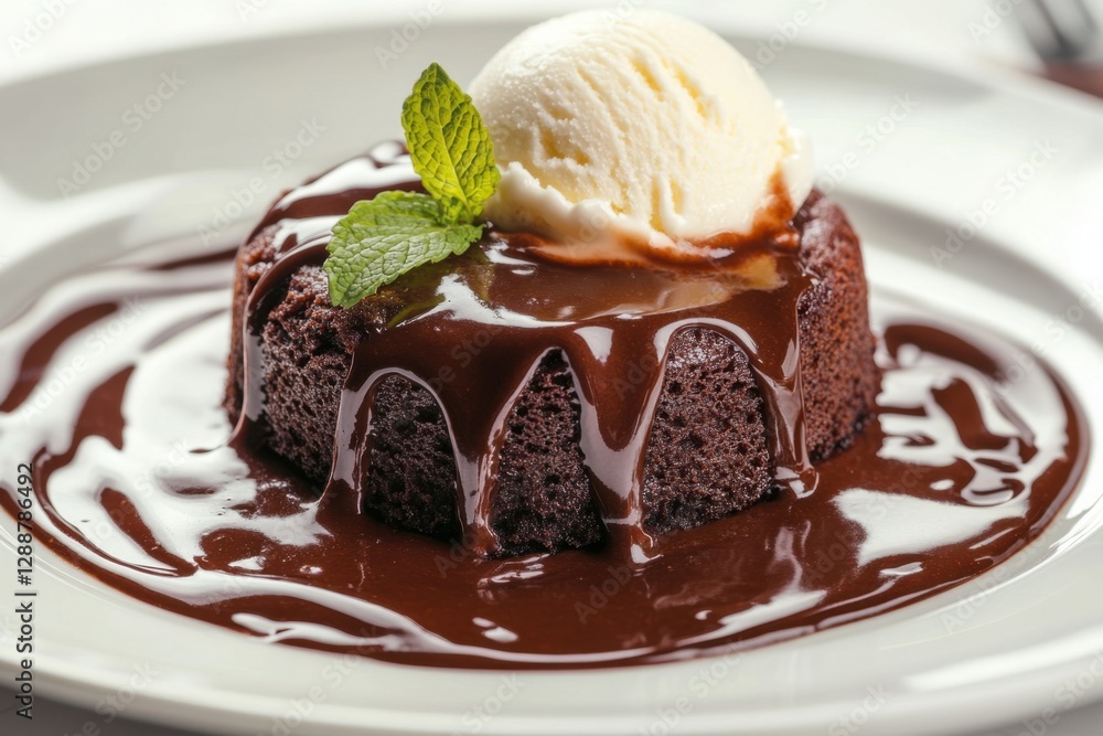 Decadent chocolate cake covered in rich sauce, topped with a scoop of sweet vanilla ice cream and a sprig of mint. A tasty treat. Decadent chocolate cake covered in rich sauce, topped with a scoop of sweet vanilla ice cream and a sprig of mint. A tasty treat.