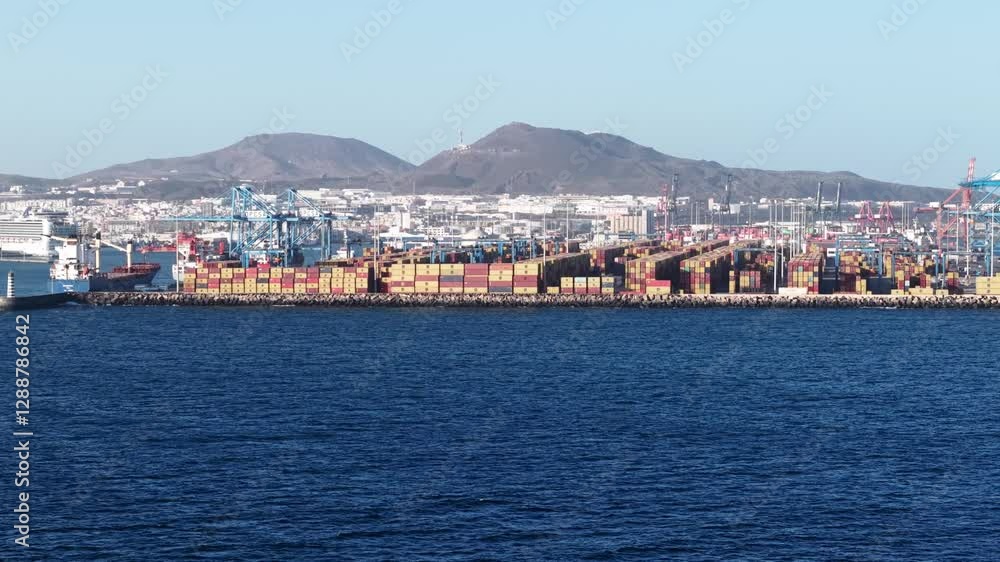 Container shipping activity at Las Palmas de Gran Canaria port with scenic mountain backdrop Container shipping activity at Las Palmas de Gran Canaria port with scenic mountain backdrop