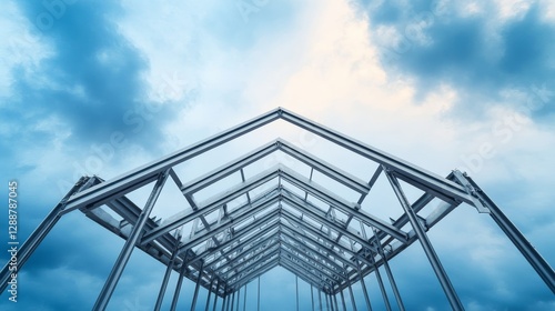 Steel Frame Construction under Cloudy Sky, Architecture , Construction
