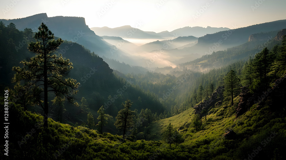 Fototapeta premium Sunrise over misty mountain valley, scenic vista