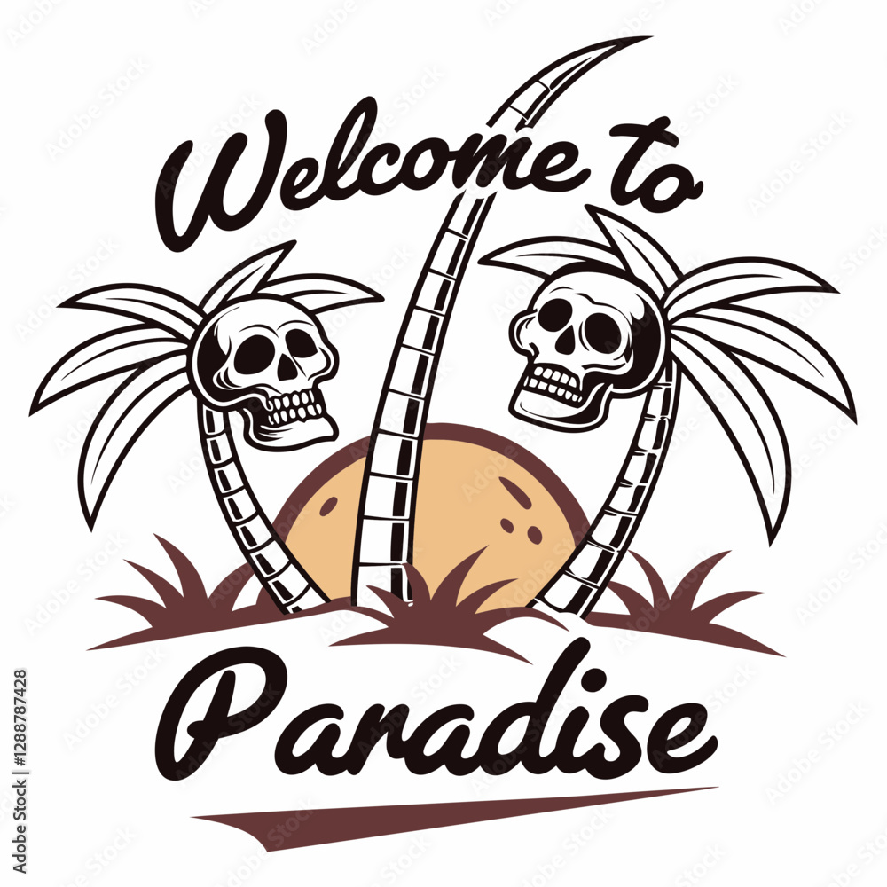 Paradise Awaits - Funky Skull Beach Vector Graphic Paradise Awaits - Funky Skull Beach Vector Graphic