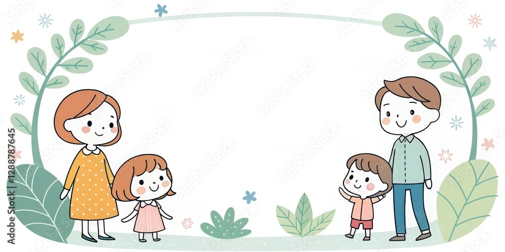 Fototapeta premium a charming family illustration with parents and children amidst nature-themed elements, evokes warmth and togetherness